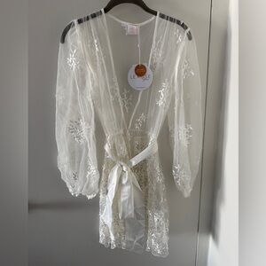 Sheer Embroidered Ivory Robe with Satin Tie